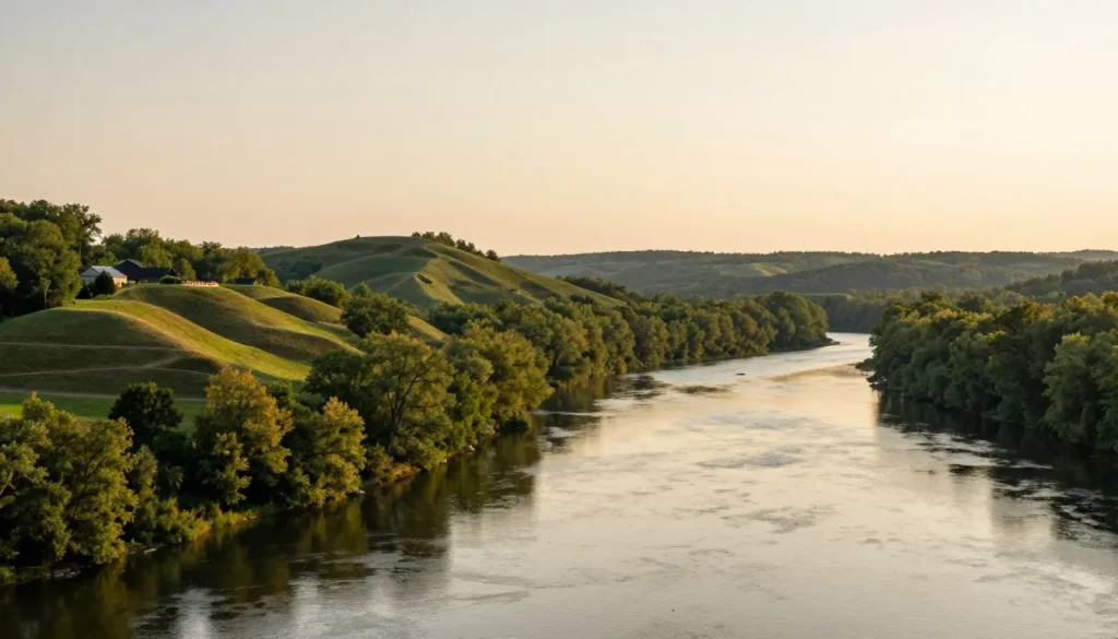 Cumberland River flowing past Fort Donelson with wooded hillsides and historic battlefield terrain Cumberland River flowing past Fort Donelson with wooded hillsides and historic battlefield terrain