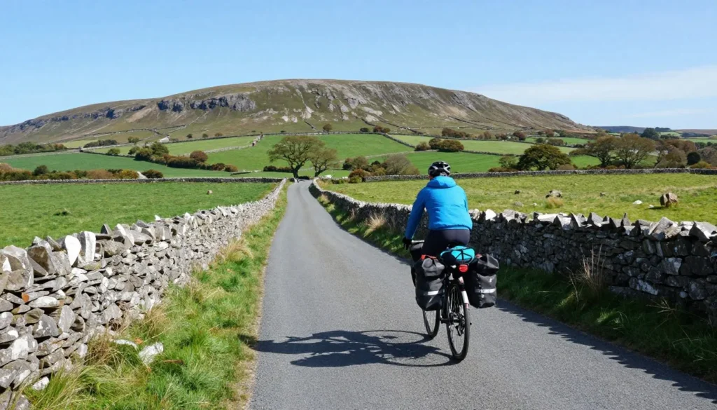 Cyclist riding along scenic country road near Tralee with green fields Cyclist riding along scenic country road near Tralee with green fields