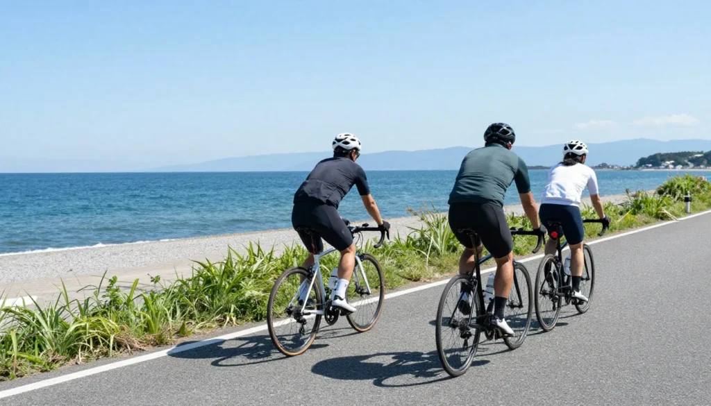 Cyclists riding along a scenic coastal path in Kanagawa