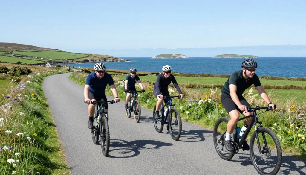 Cyclists riding along the Great Western Greenway with scenic coastal views