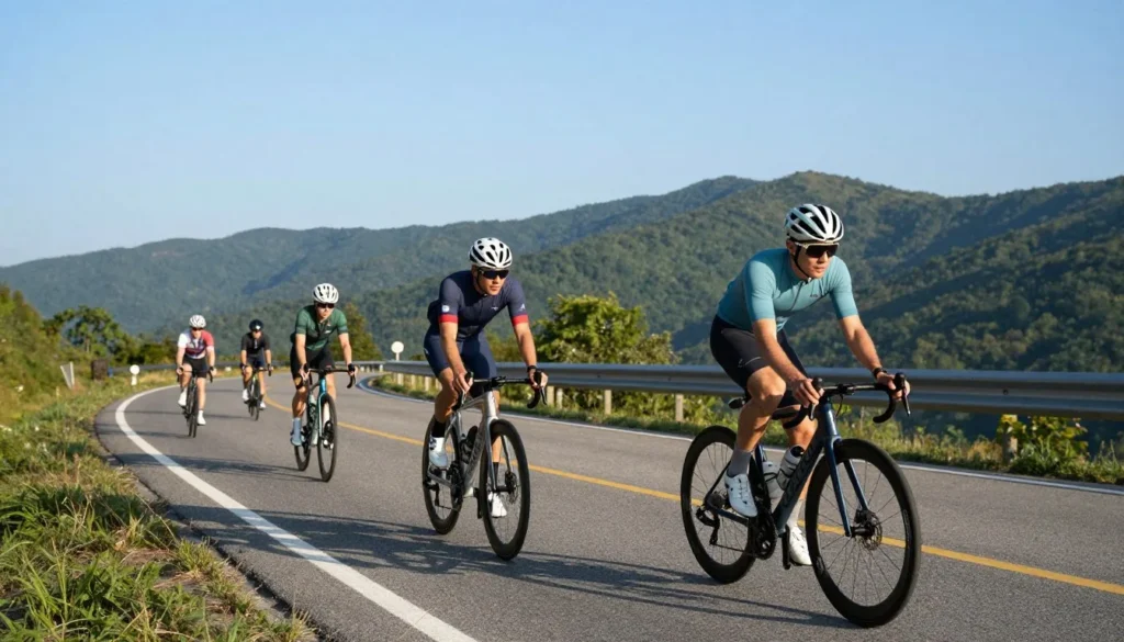 Cyclists riding on Foothills Parkway with mountain scenery Cyclists riding on Foothills Parkway with mountain scenery