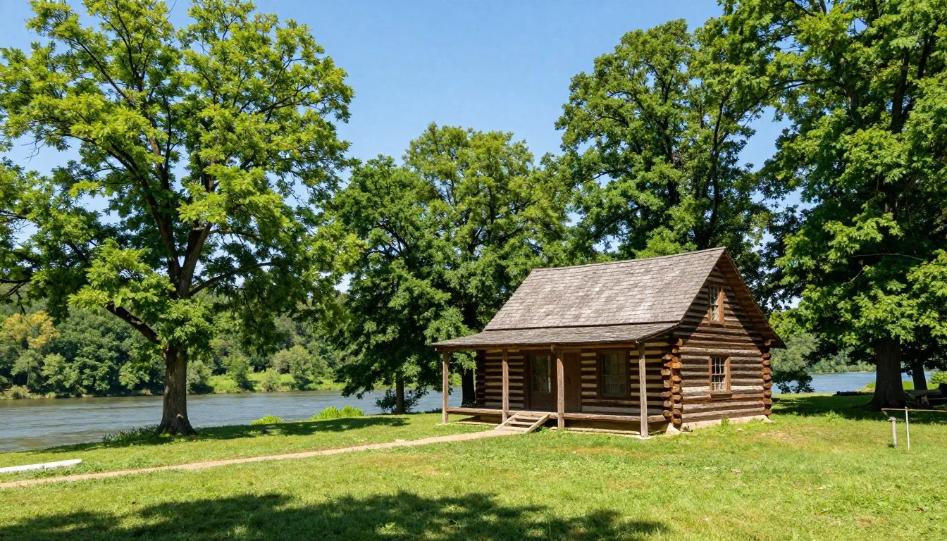 David-Crockett-Birthplace-State-Park-Tennessee-riverside-view-with-replica-log-cabin David Crockett Birthplace State Park Tennessee riverside view with replica log cabin