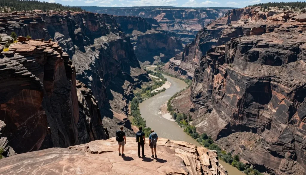 Deep narrow canyon with dark rocky walls and river below