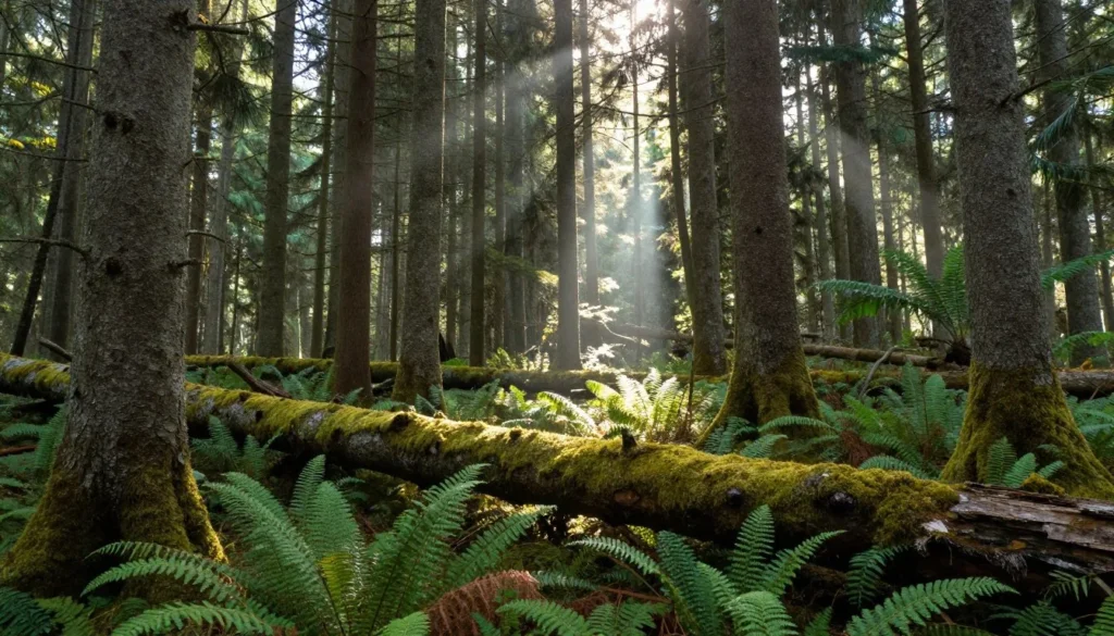 Dense spruce-fir forest with moss-covered fallen logs on forest floor Dense spruce-fir forest with moss-covered fallen logs on forest floor