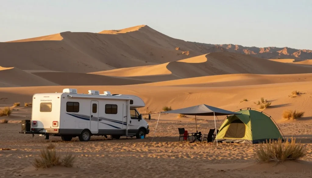 Desert camping site with recreational vehicle at Sand Mountain