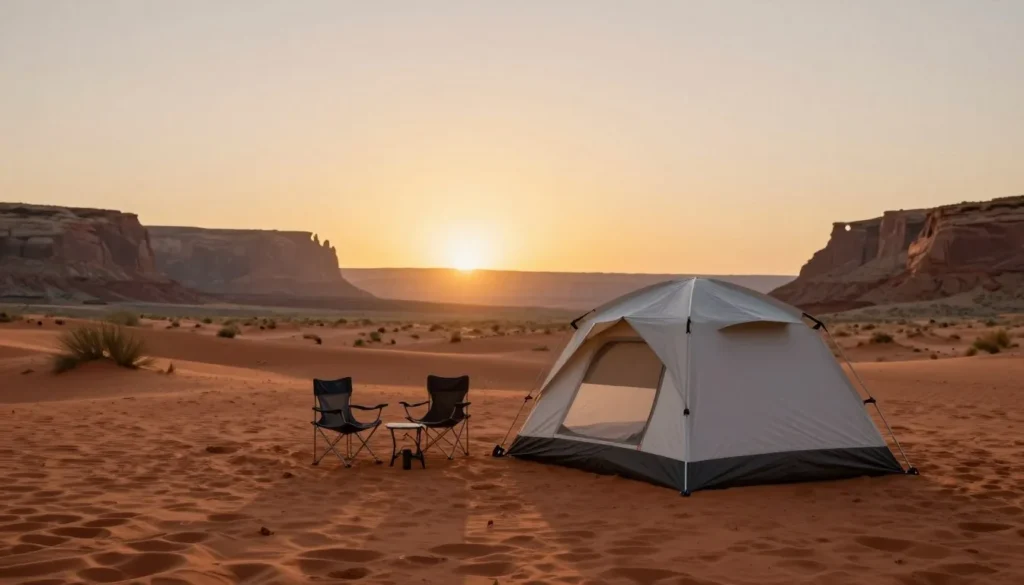 Desert camping site with tent at sunset near canyon lands Desert camping site with tent at sunset near canyon lands