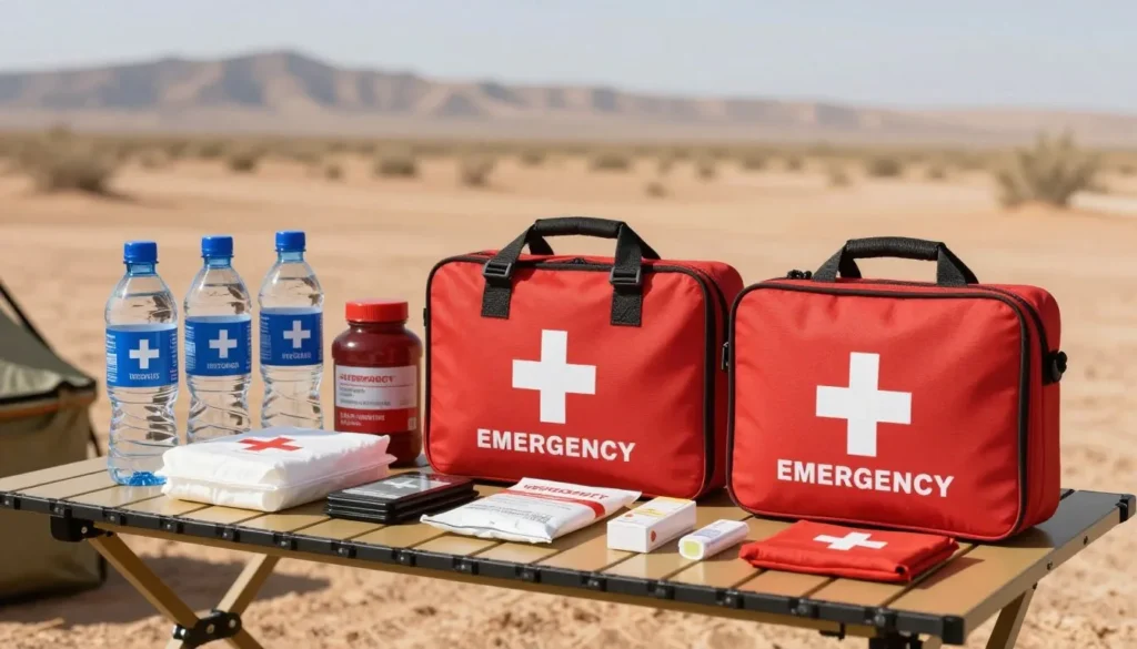 Desert first aid kit and safety supplies at Spencer Hot Springs campsite