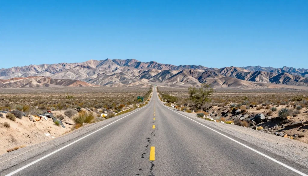 Desert highway leading to Seven Magic Mountains with mountain ranges in background Desert highway leading to Seven Magic Mountains with mountain ranges in background