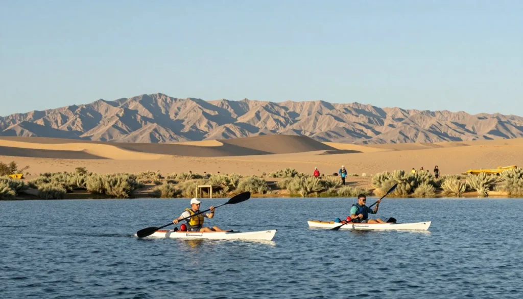 Desert lake with mountains in background and kayakers on calm water