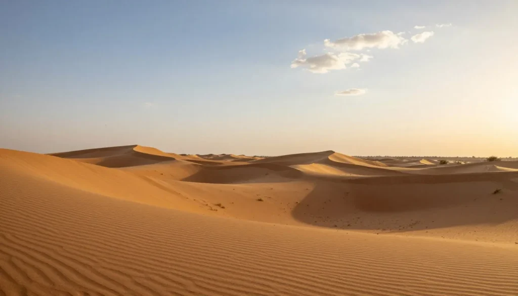Desert landscape with sand dunes and sparse vegetation near Jodhpur at sunset