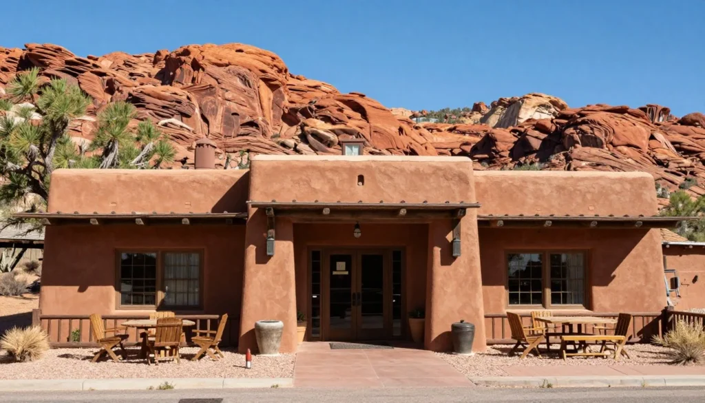 Desert lodge accommodation near Mexican Hat Utah with red rock views