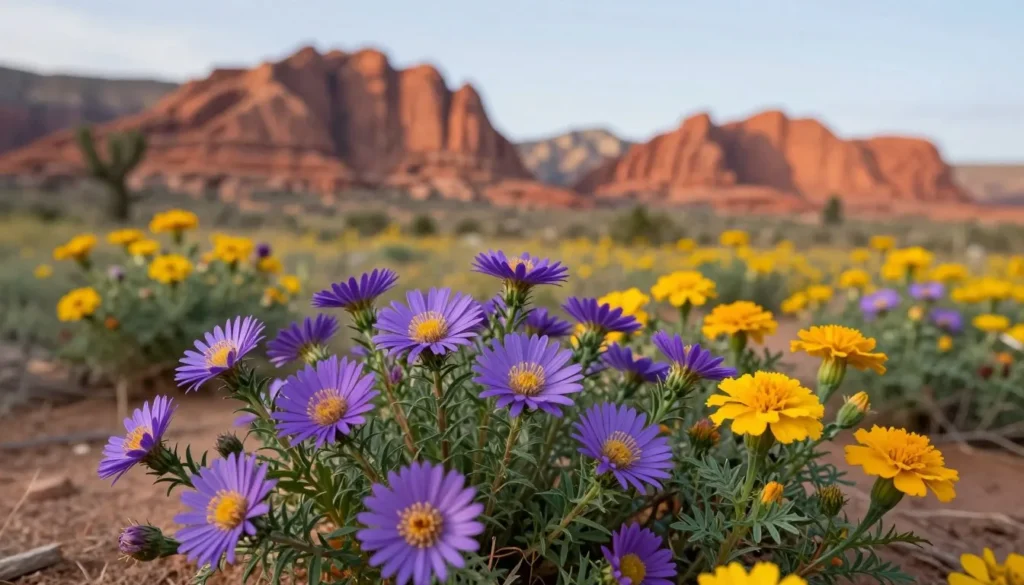 Desert wildflowers blooming near Mexican Hat Rock Utah