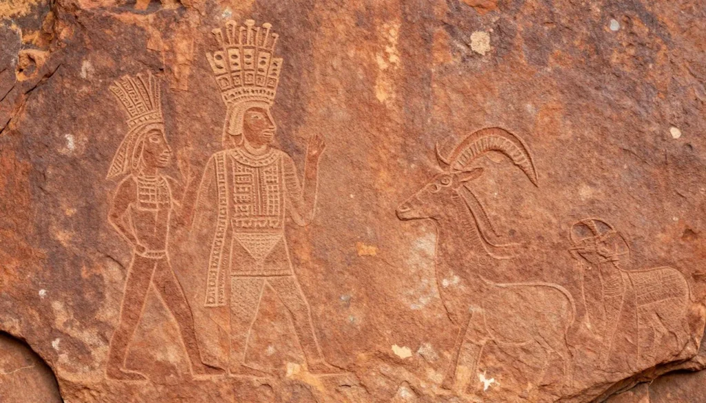 Detailed ancient Fremont petroglyphs carved on sandstone canyon wall showing human figures and geometric designs Detailed ancient Fremont petroglyphs carved on sandstone canyon wall showing human figures and geometric designs