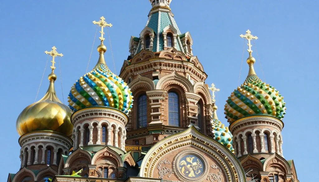 Detailed view of the colorful mosaic-covered onion domes and ornate exterior of the Church of the Savior on Spilled Blood against a blue sky Detailed view of the colorful mosaic-covered onion domes and ornate exterior of the Church of the Savior on Spilled Blood against a blue sky