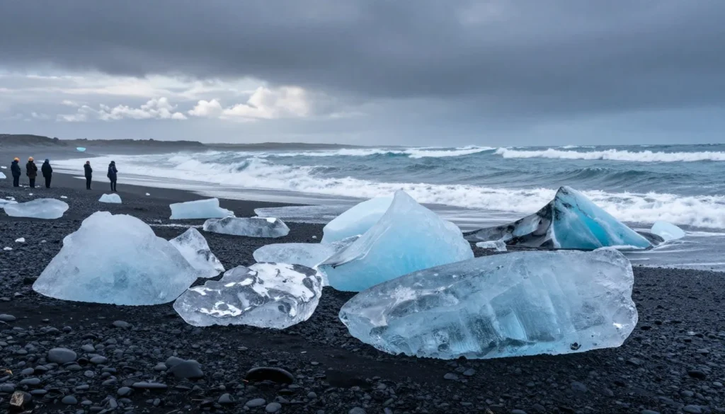 Diamond Beach with ice chunks on black sand and waves Diamond Beach with ice chunks on black sand and waves