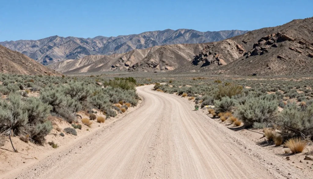 Dirt road through Nevada high desert valley with sagebrush landscape Dirt road through Nevada high desert valley with sagebrush landscape