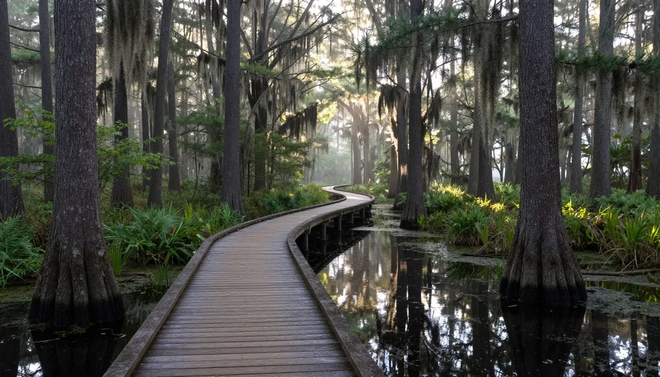 Dismal-Swamp-State-Park-North-Carolina-boardwalk-trail-through-ancient-cypress-forest-with Dismal Swamp State Park North Carolina boardwalk trail through ancient cypress forest with still water reflections