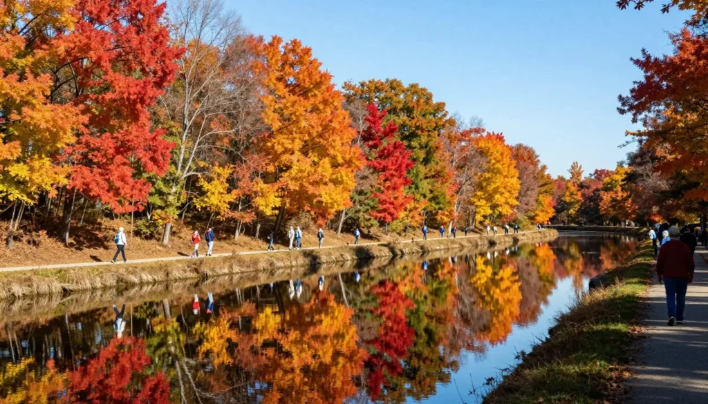 Dismal Swamp State Park in autumn with colorful foliage reflected in canal waters Dismal Swamp State Park in autumn with colorful foliage reflected in canal waters
