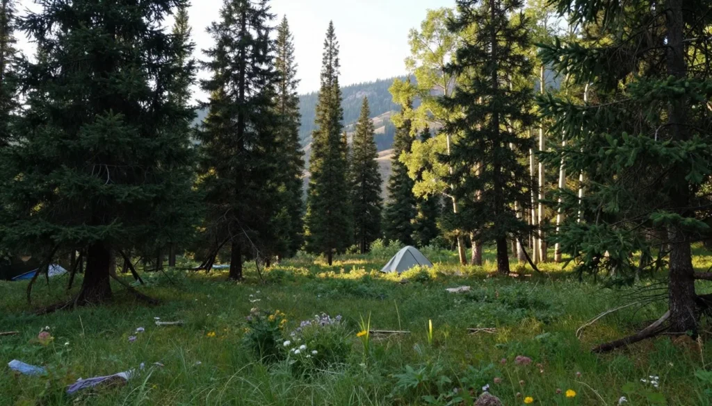 Dispersed camping area in forest clearing with mountains visible Dispersed camping area in forest clearing with mountains visible