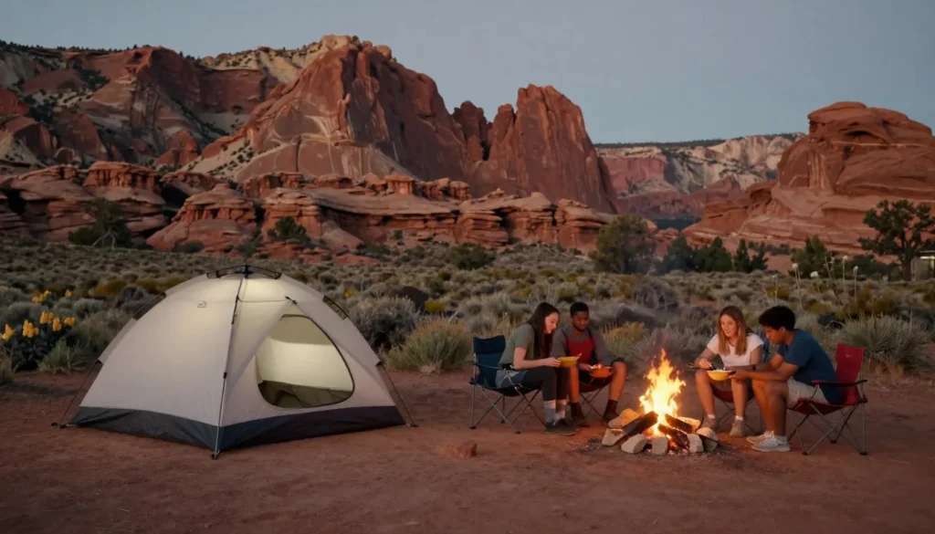 Dispersed camping setup with tent and campfire in scenic canyon location Dispersed camping setup with tent and campfire in scenic canyon location