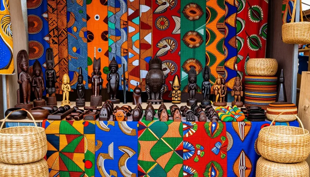 Display of traditional Cameroonian crafts and textiles