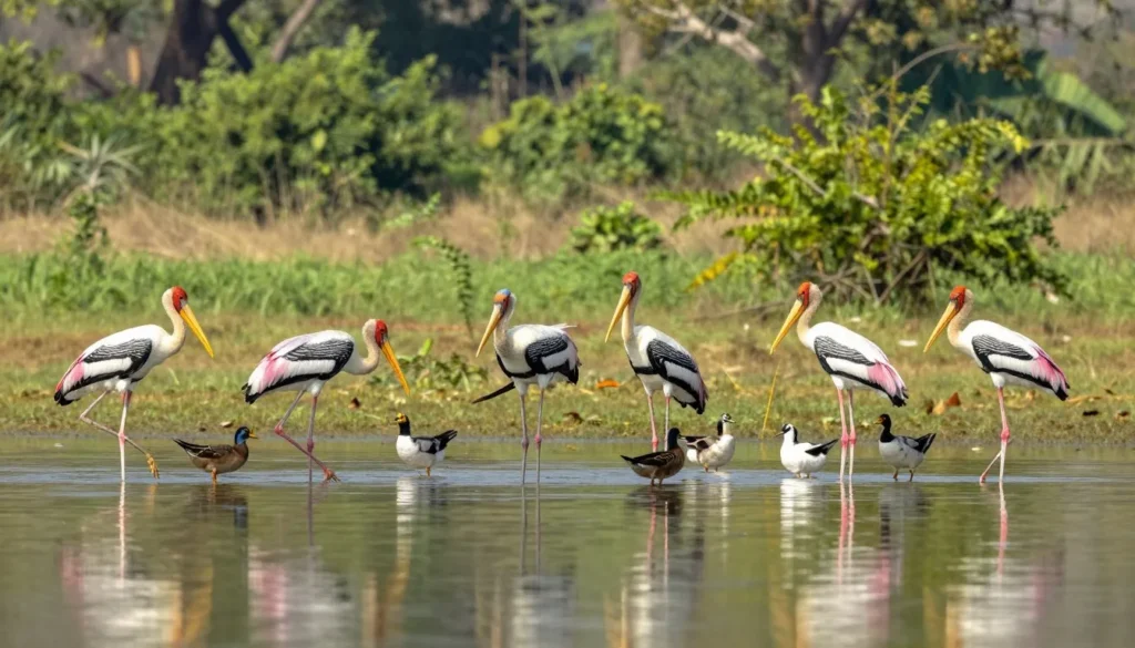 Diverse bird species gathering at water body in Ranthambore during migration season