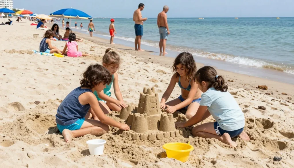 Diverse children building sandcastles and playing on Cesenatico beach with families relaxing nearby