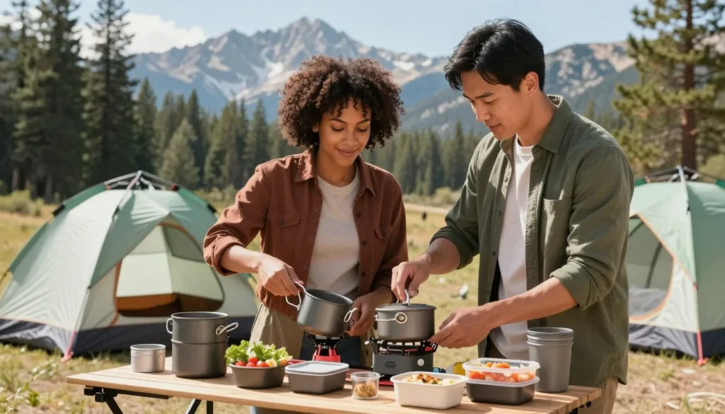 Diverse couple cooking meal at campsite with Sierra Nevada mountains in background Diverse couple cooking meal at campsite with Sierra Nevada mountains in background