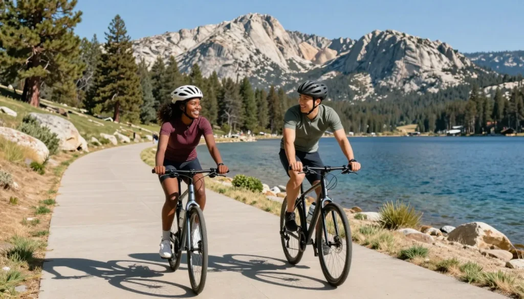 Diverse couple riding bicycles on paved trail beside crystal blue Sierra Nevada lake Diverse couple riding bicycles on paved trail beside crystal blue Sierra Nevada lake