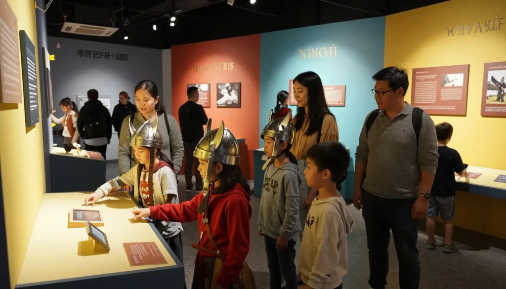 Diverse families with children enjoying interactive Viking exhibit at Waterford museum