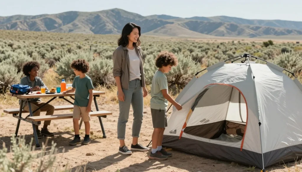 Diverse family camping at South Fork Nevada with children Diverse family camping at South Fork Nevada with children