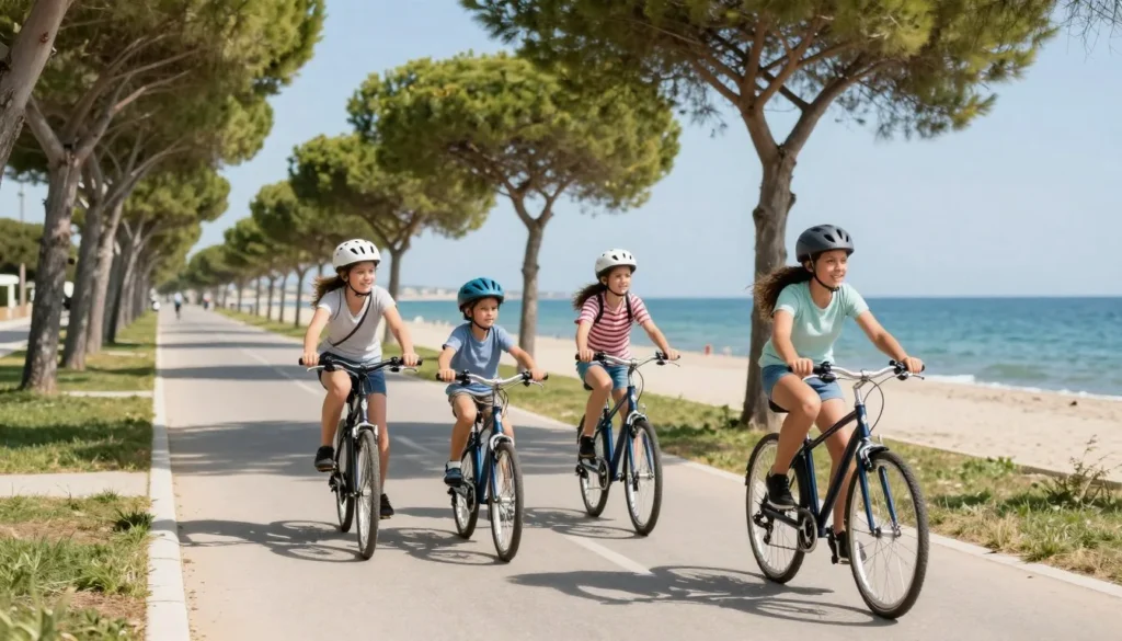 Diverse family cycling along coastal bike path in Cesenatico with sea view on beautiful sunny day