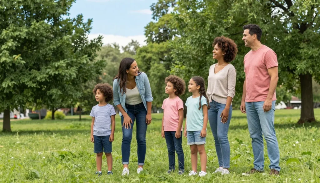 Diverse family exploring outdoor area together Diverse family exploring outdoor area together