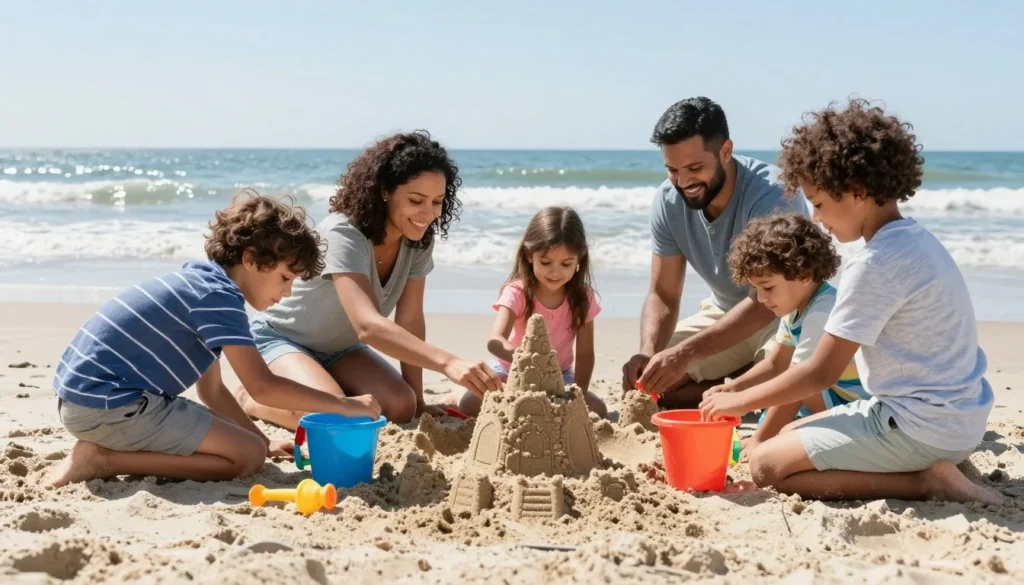 Diverse family group building sandcastle together on Brunswick Islands beach Diverse family group building sandcastle together on Brunswick Islands beach