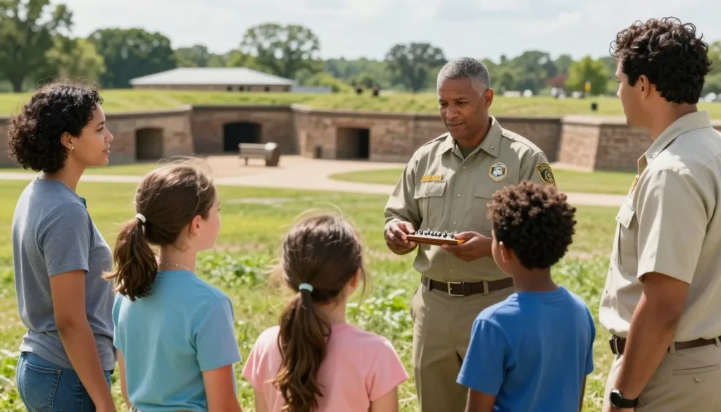 Diverse family with children exploring Fort Donelson battlefield with ranger guide Diverse family with children exploring Fort Donelson battlefield with ranger guide