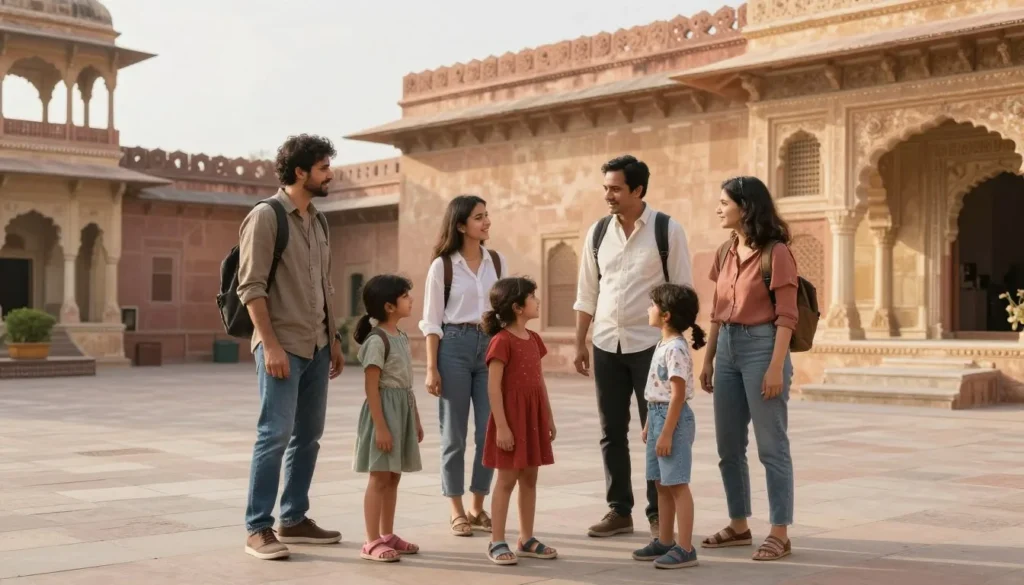 Diverse family with children exploring Mehrangarh Fort courtyards together during daytime