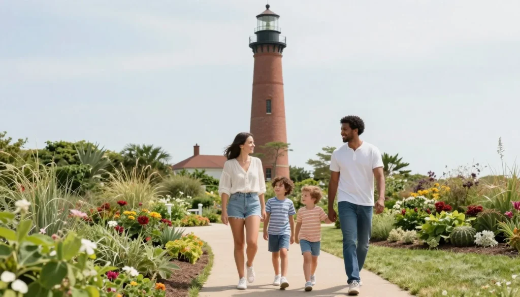 Diverse family with children exploring lighthouse grounds and gardens Diverse family with children exploring lighthouse grounds and gardens