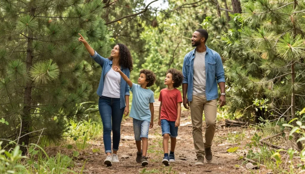Diverse family with children exploring nature trail at Sylvan Lake State Park Diverse family with children exploring nature trail at Sylvan Lake State Park