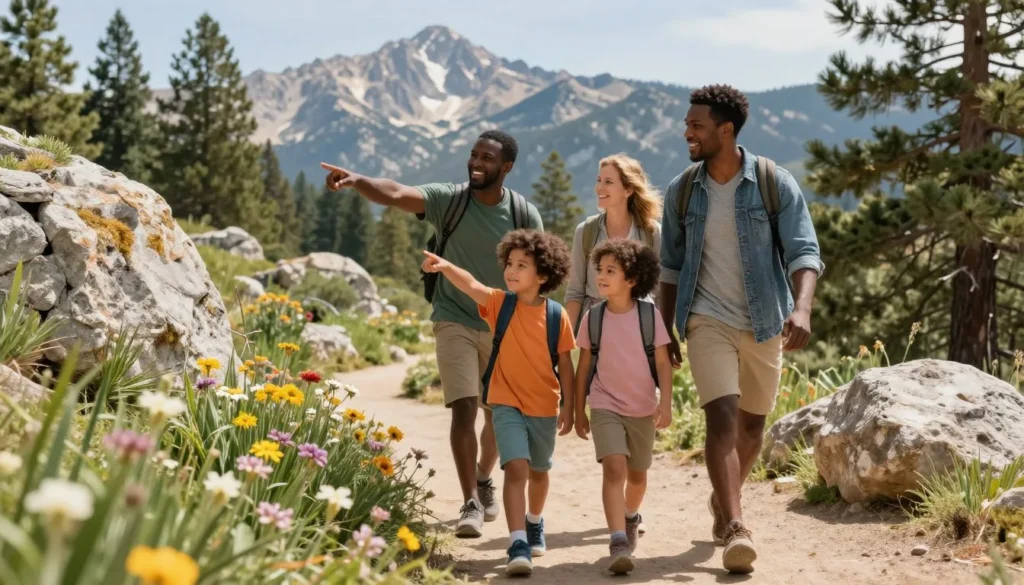 Diverse family with young children exploring Sierra Nevada nature trail with educational signs Diverse family with young children exploring Sierra Nevada nature trail with educational signs