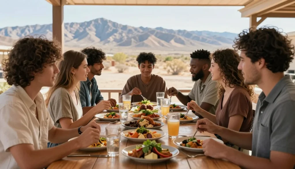 Diverse group enjoying meal at outdoor restaurant with desert views Diverse group enjoying meal at outdoor restaurant with desert views
