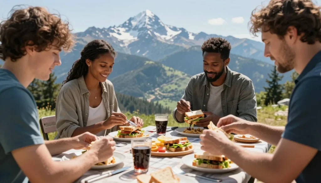 Diverse group enjoying picnic lunch with mountain views at scenic overlook