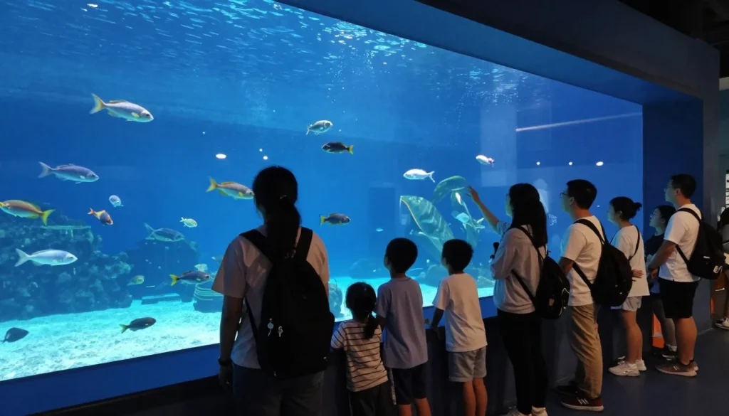 Diverse group exploring coastal marine life exhibit Diverse group exploring coastal marine life exhibit