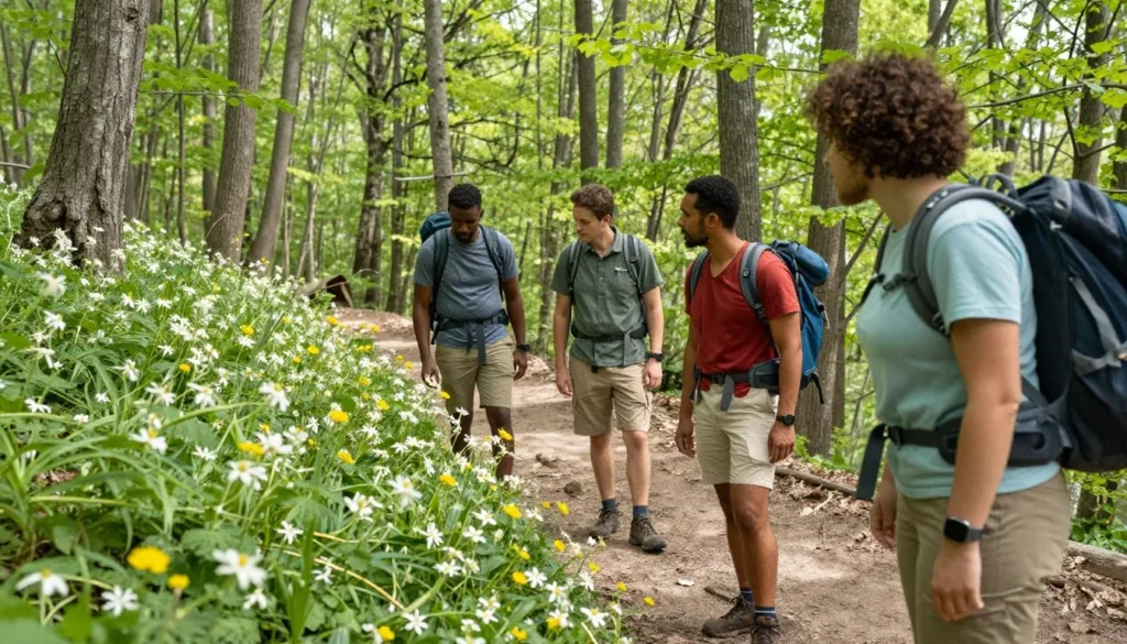 Diverse group hiking woodland trails at Dunbar Cave State Park Tennessee
