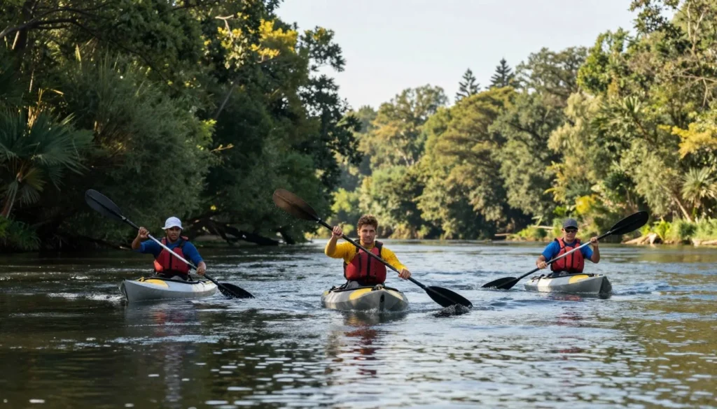Diverse group kayaking on calm Tennessee river surrounded by forest scenery Diverse group kayaking on calm Tennessee river surrounded by forest scenery