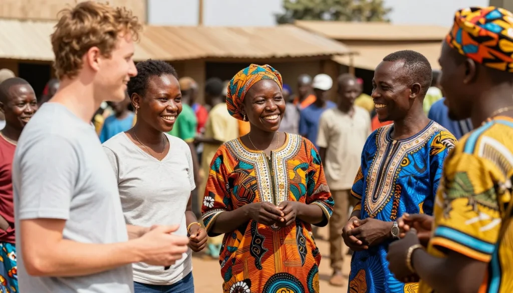 Diverse group of happy tourists enjoying local culture and interacting with friendly Burkinabe people in Ouagadougou Diverse group of happy tourists enjoying local culture and interacting with friendly Burkinabe people in Ouagadougou