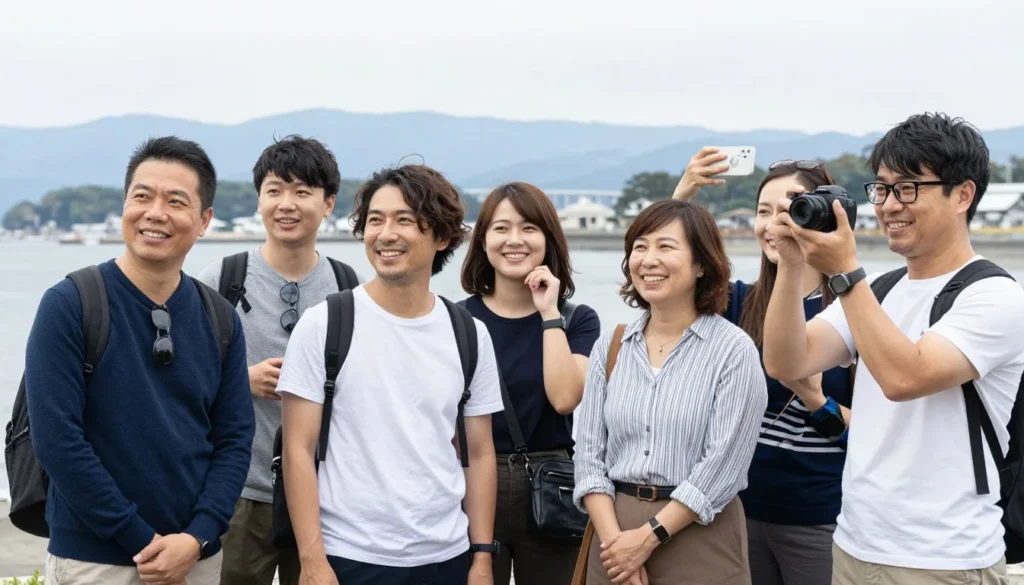 Diverse group of happy tourists enjoying their visit to Kanagawa
