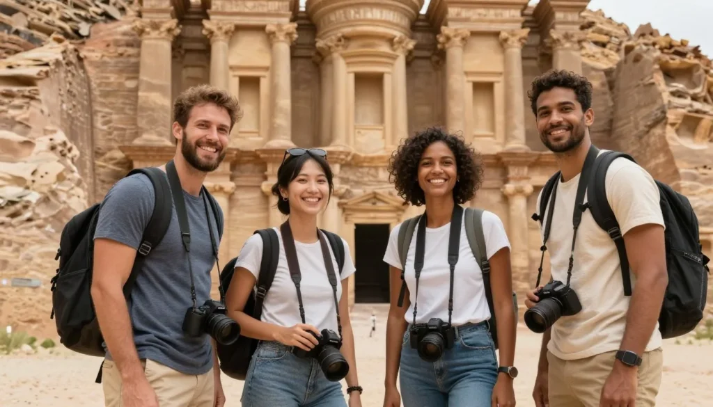 Diverse group of happy tourists posing in front of historic Salamanca building