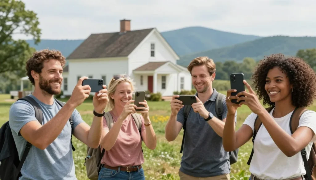 Diverse group of happy tourists taking photos near historic white farmhouse with mountains in background Diverse group of happy tourists taking photos near historic white farmhouse with mountains in background