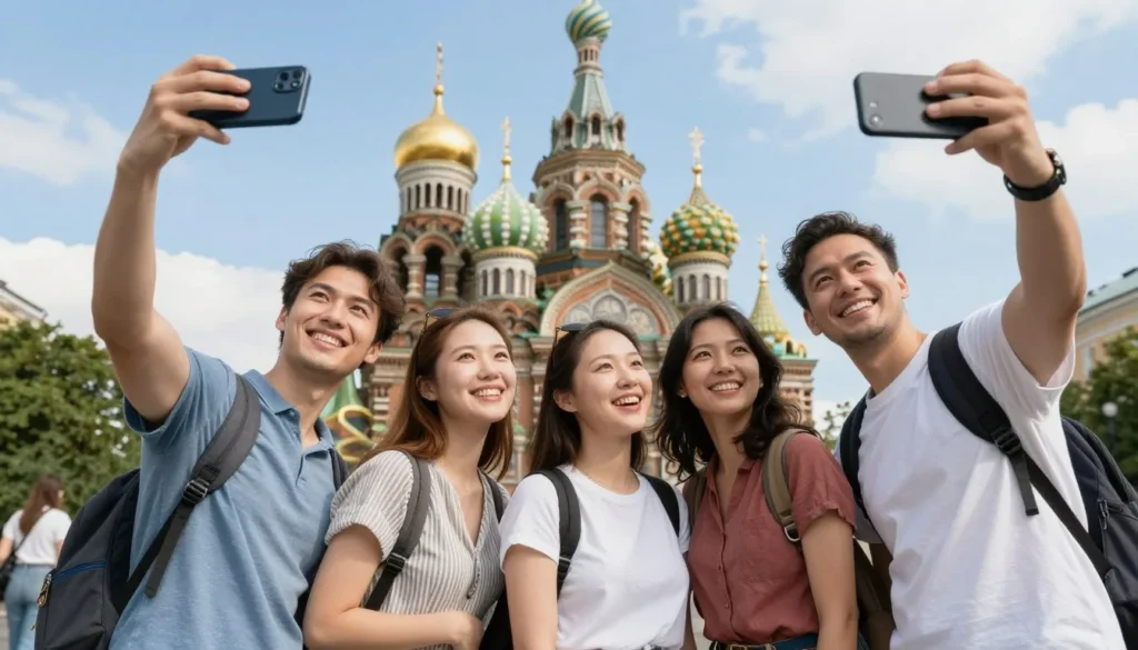 Diverse group of happy tourists taking selfies and photos in front of Saint Petersburg landmarks Diverse group of happy tourists taking selfies and photos in front of Saint Petersburg landmarks