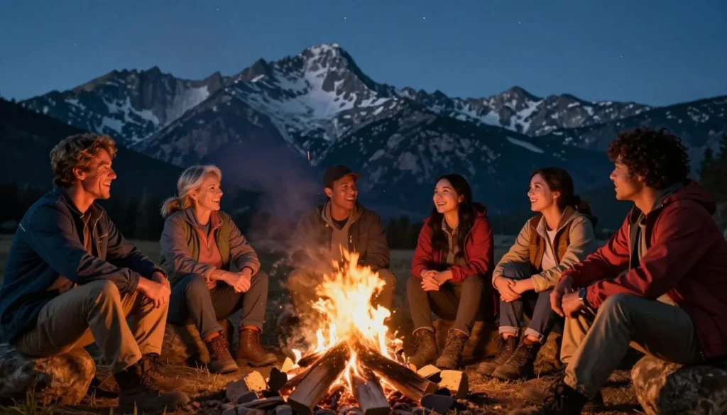 Diverse group of happy travelers sharing stories around campfire in Sierra Nevada evening Diverse group of happy travelers sharing stories around campfire in Sierra Nevada evening